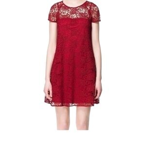 Zara crochet Guipure lace dress with attached slip in a deep red color.